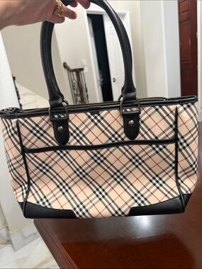 Burberry Beige Plaid Tote with Black Trim